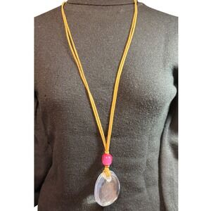 Chico's Boho Pendant Necklace Leather Cord Pink Bead Clear Resin Statement